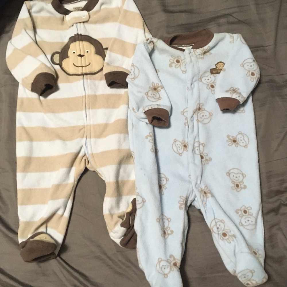 3-6m fleece monkey onesies with feet.